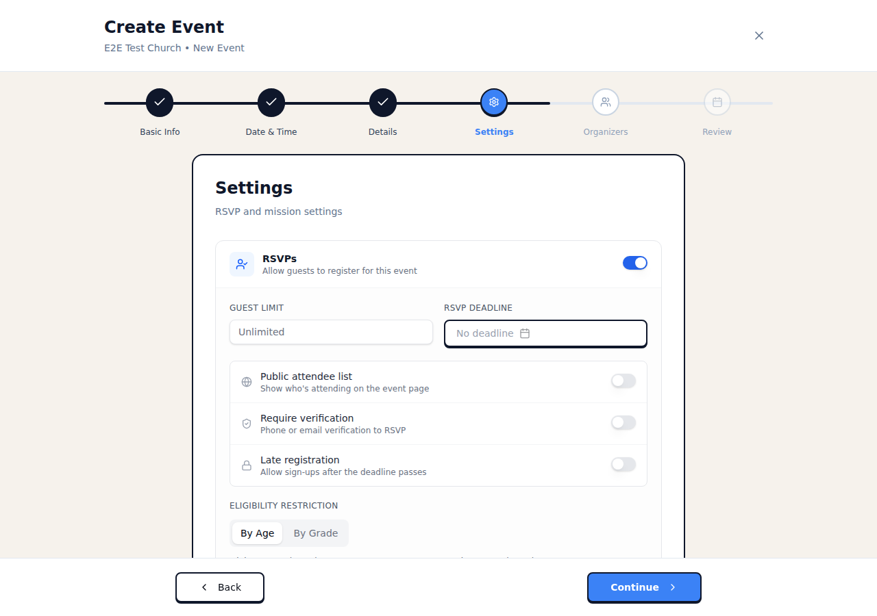 Settings step with RSVP options