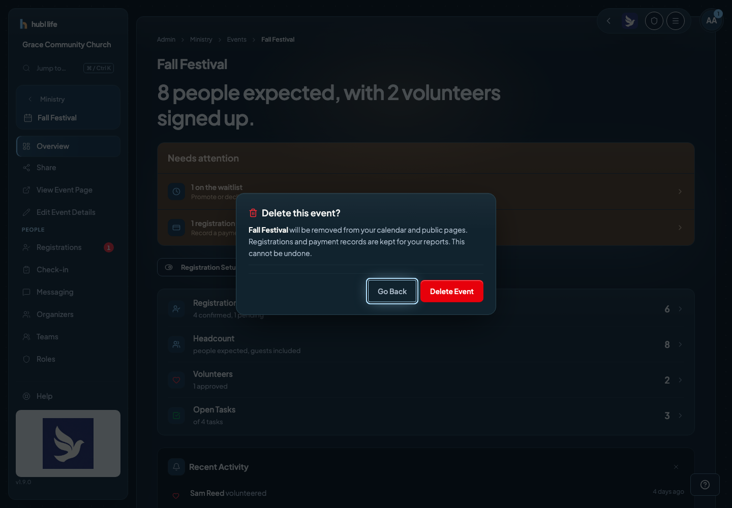 The delete confirmation dialog naming the event and explaining what is removed and what is kept