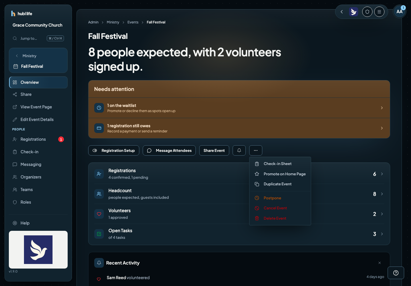 Event Summary showing needs-attention cards, registration counts, recent activity, and the more-actions menu open