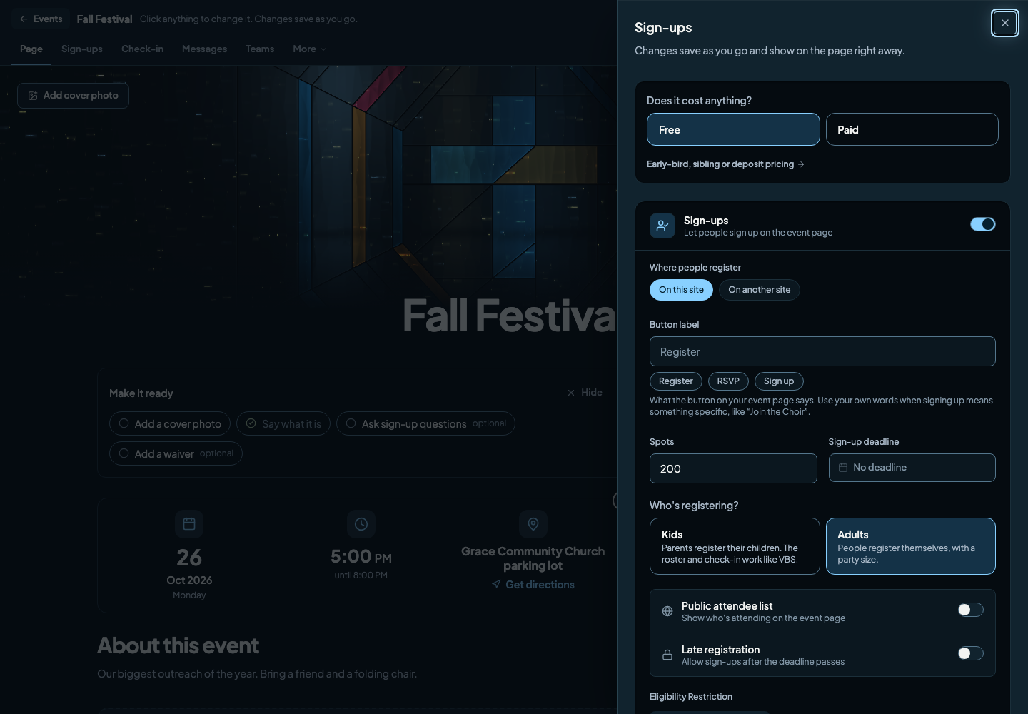 The Sign-ups panel beside the event page, with the price, spots, deadline and who is registering