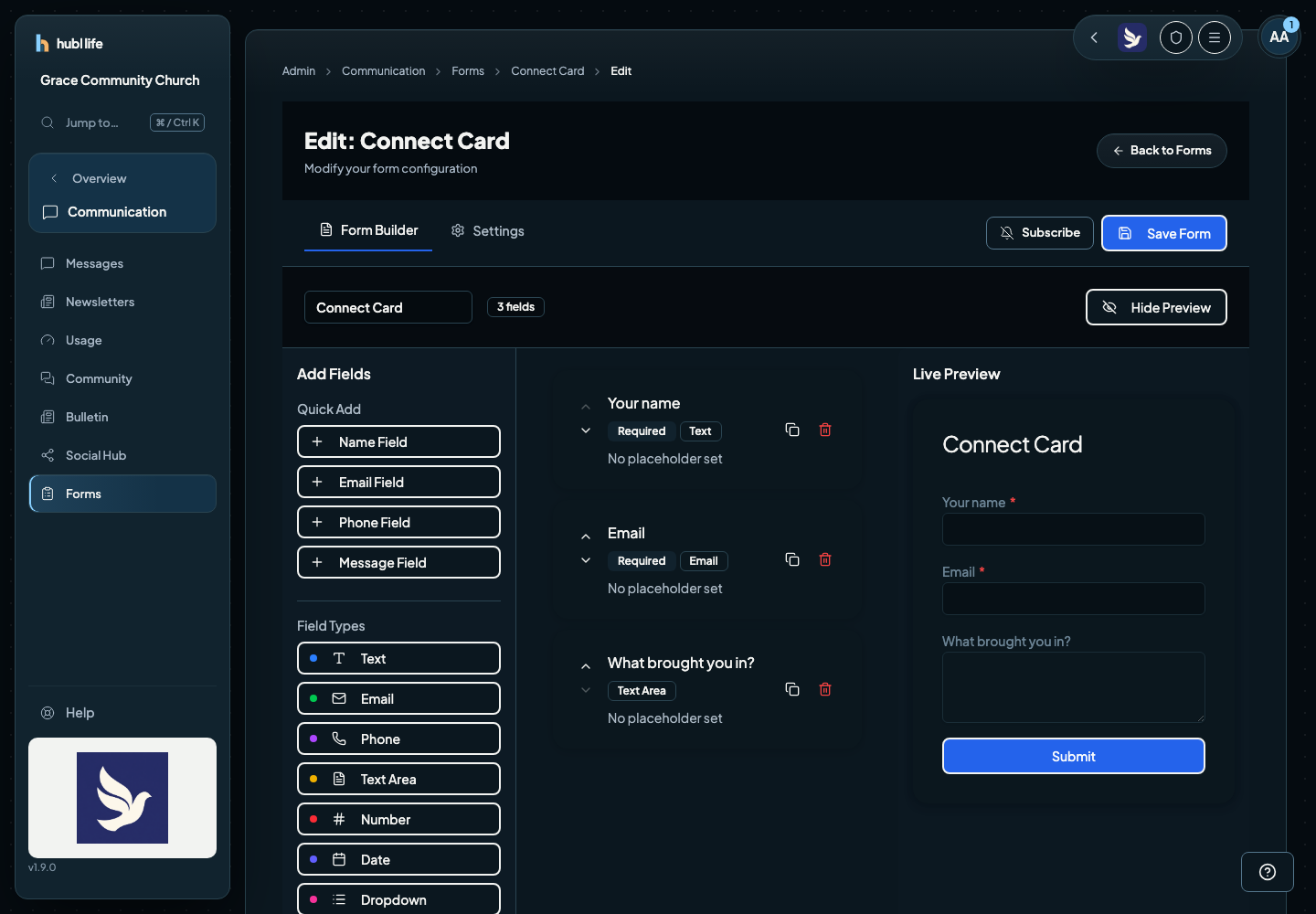 The form builder showing the form as respondents see it, with the settings panel beside it