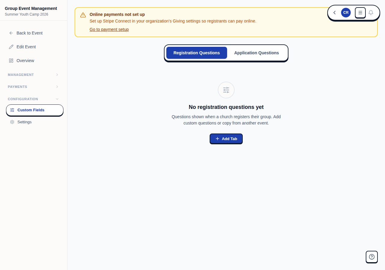 Custom fields configuration with tabs and field types