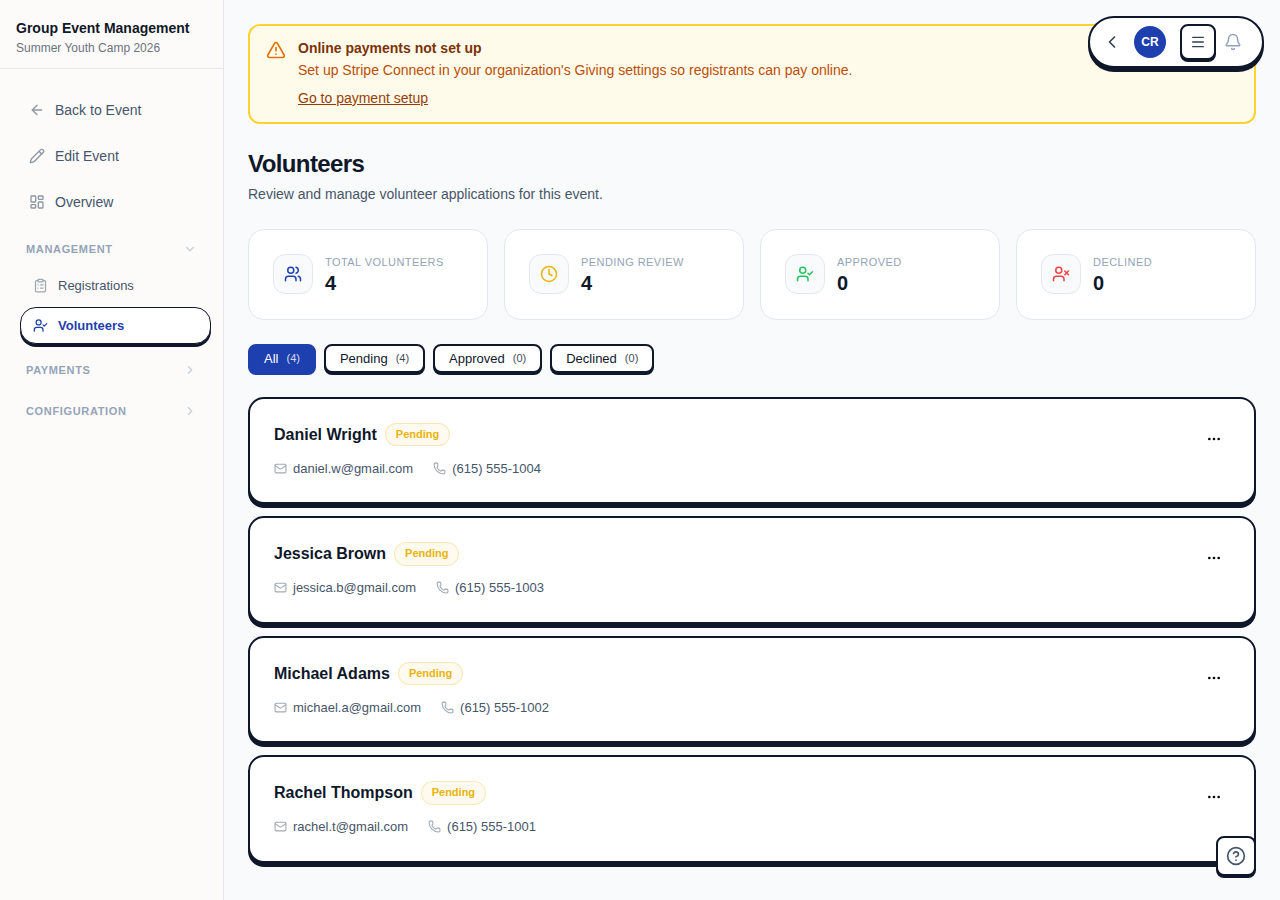 Volunteer cards with roles, background check status, and actions