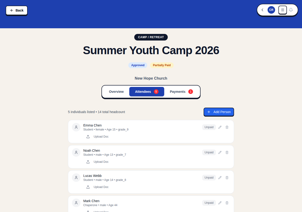 Attendees tab with list of individuals