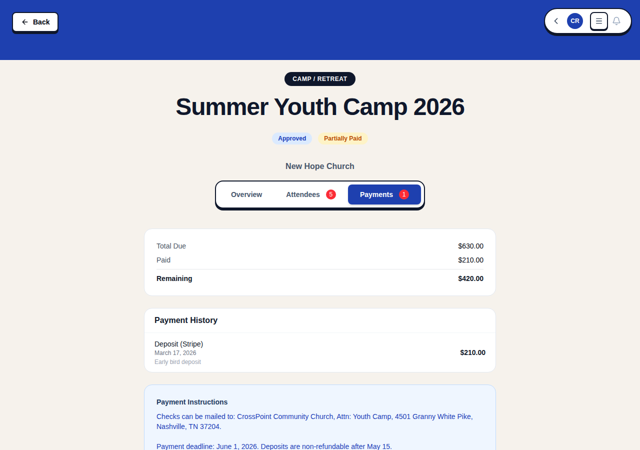 Payments tab with balance and payment history