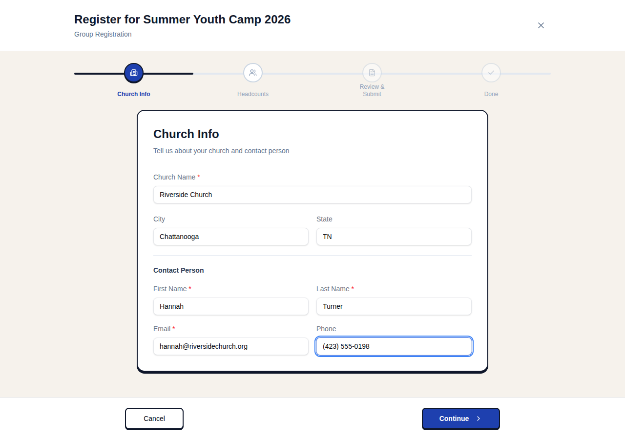 Registration wizard church information step