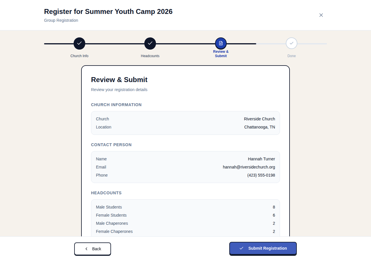 Registration wizard review step showing all entered information