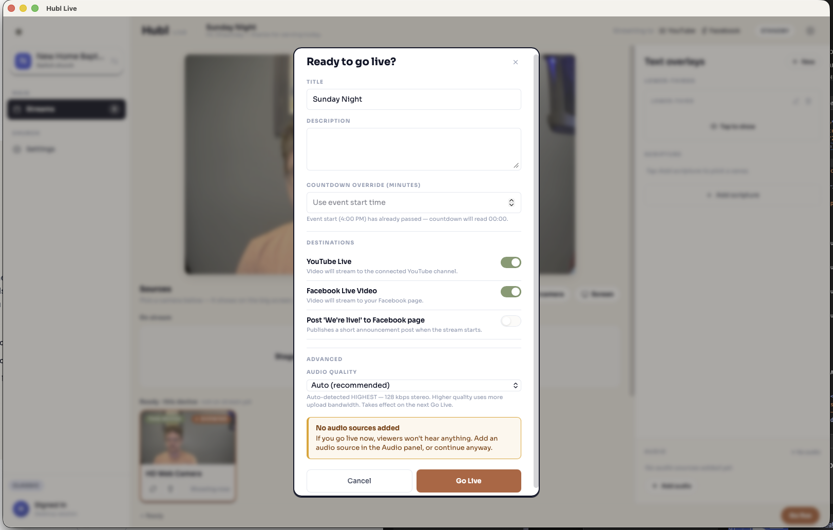 Streaming destinations for YouTube and Facebook