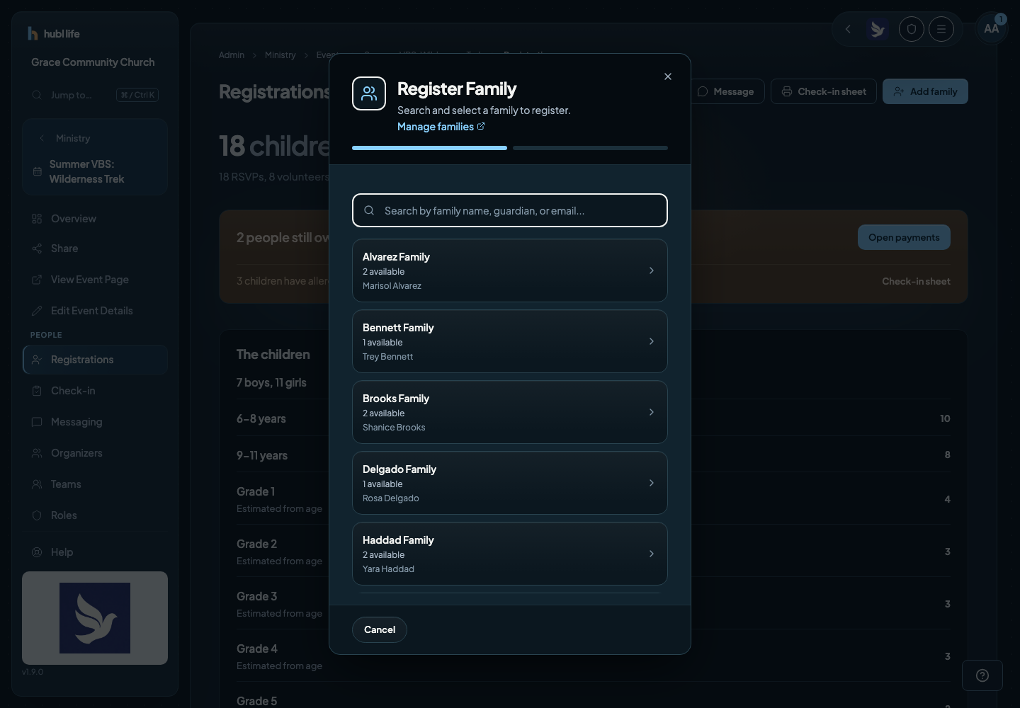 The Quick Add dialog with family name, guardian fields and a child block asking for name, allergies, gender and grade