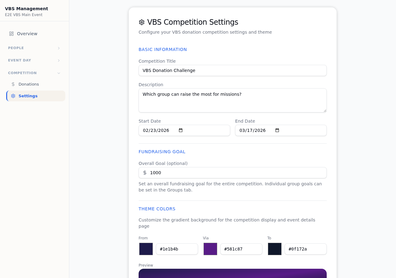 Competition settings page with title, dates, goal, and active toggle