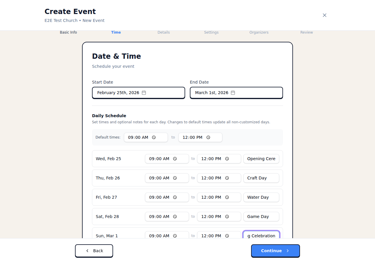 Daily schedule with notes for each day