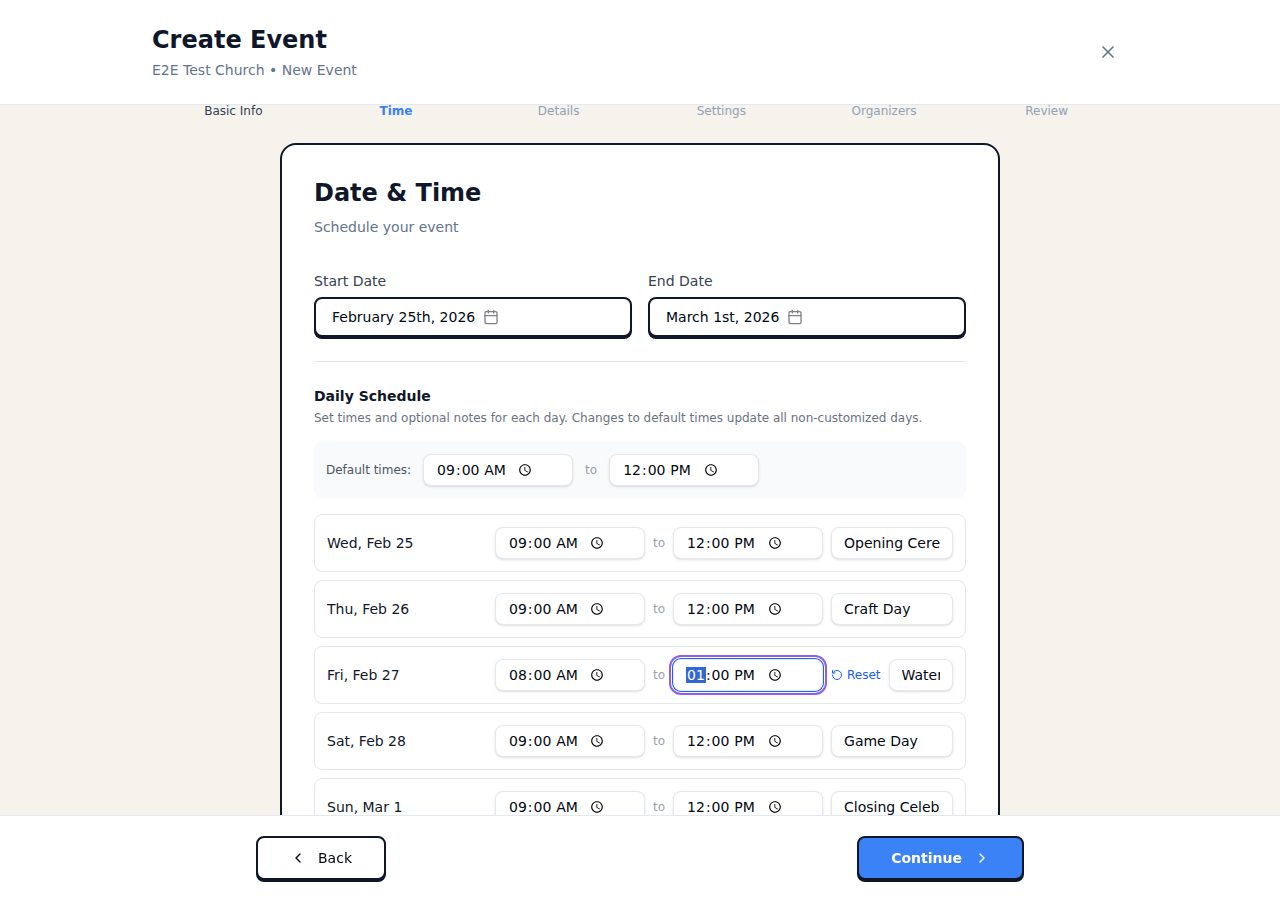 Daily schedule with per-day time override