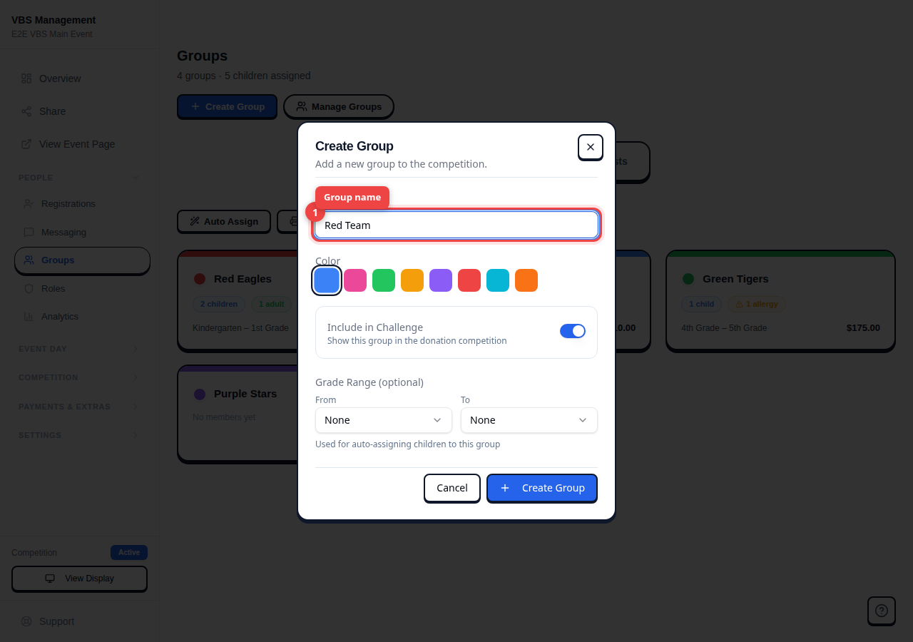 Create Group dialog showing name field, color swatches, challenge toggle, and grade range options