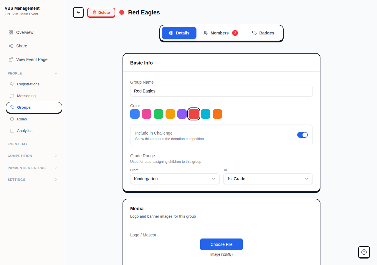 VBS group Details tab showing Basic Info with name, color, challenge toggle, and grade range