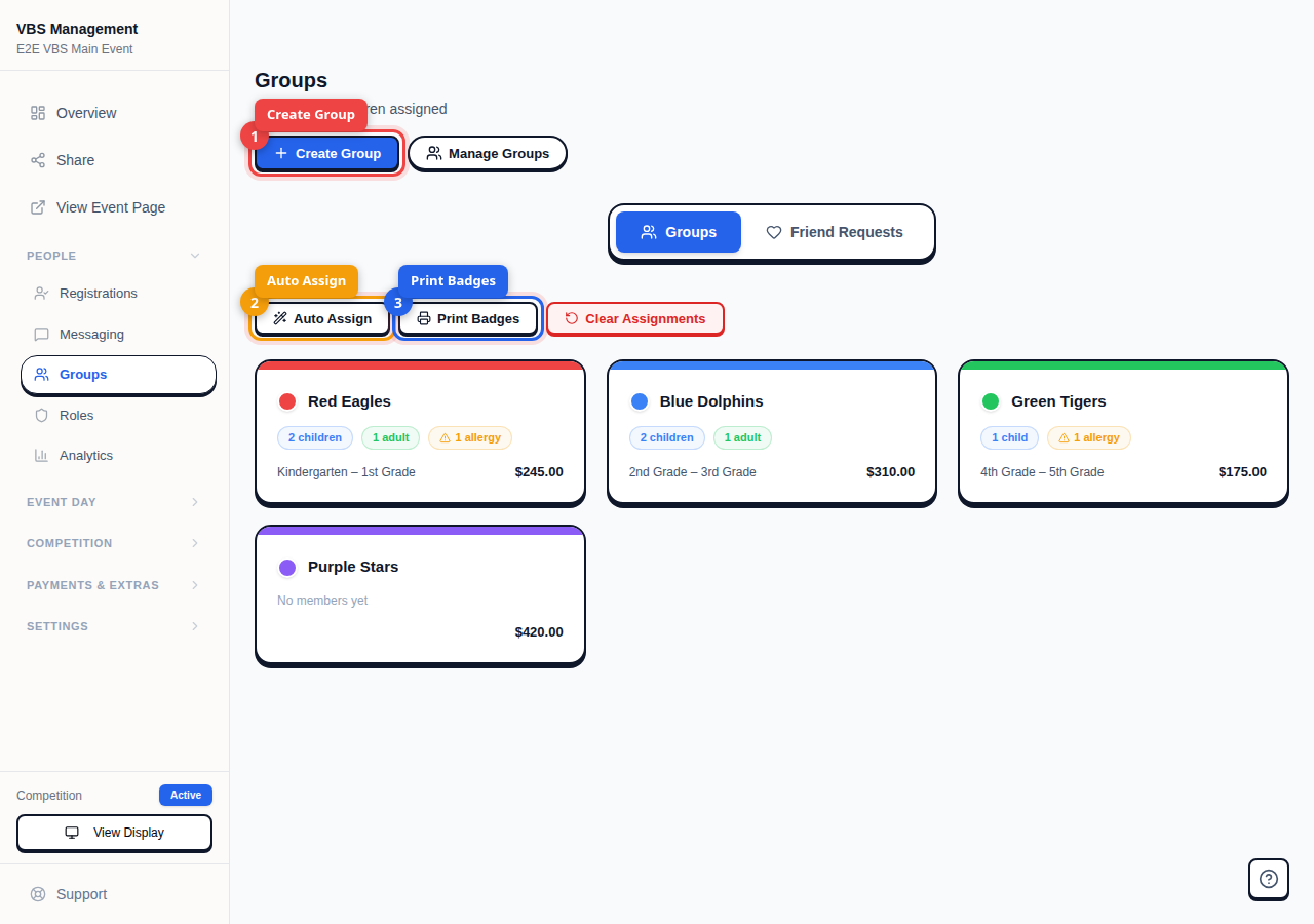 VBS groups list page showing group cards and toolbar buttons