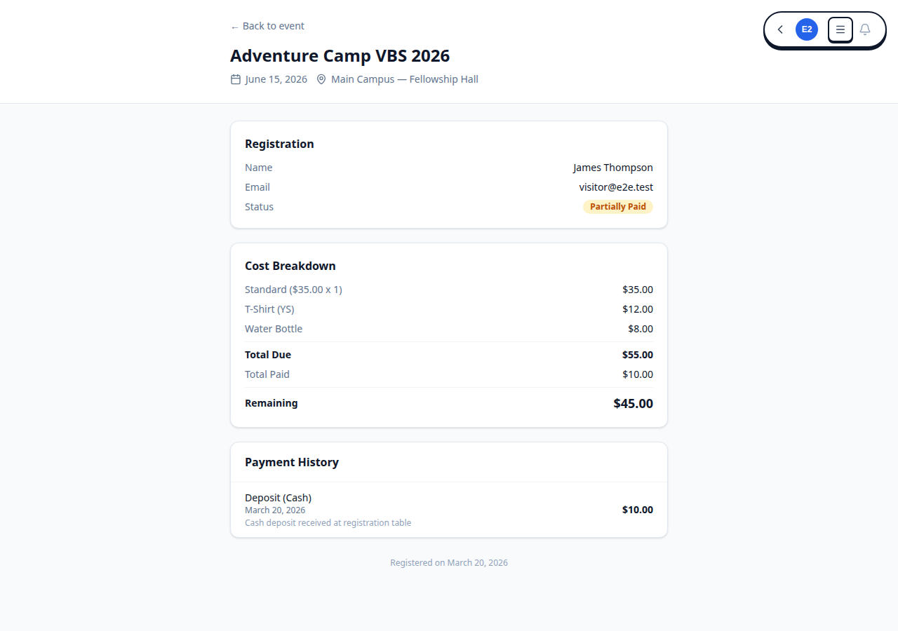 My Registration page showing payment breakdown with total due, amount paid, remaining balance, and payment history