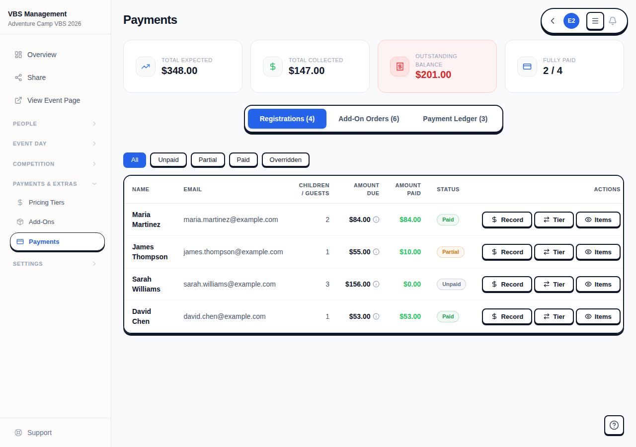 Payment ledger showing all recorded payments with color-coded types and methods