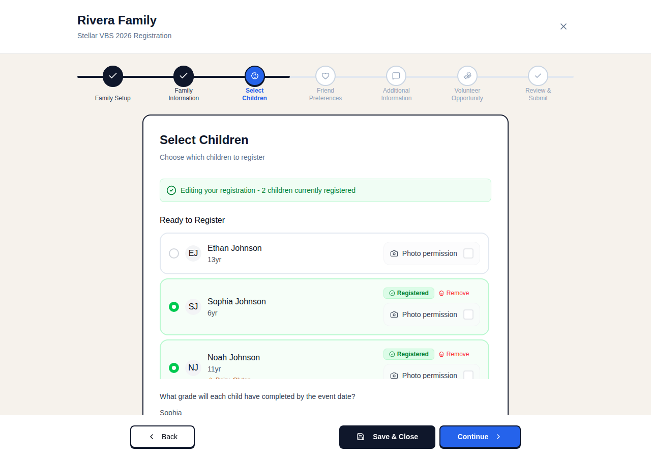 VBS registration wizard showing multi-step progress and child selection