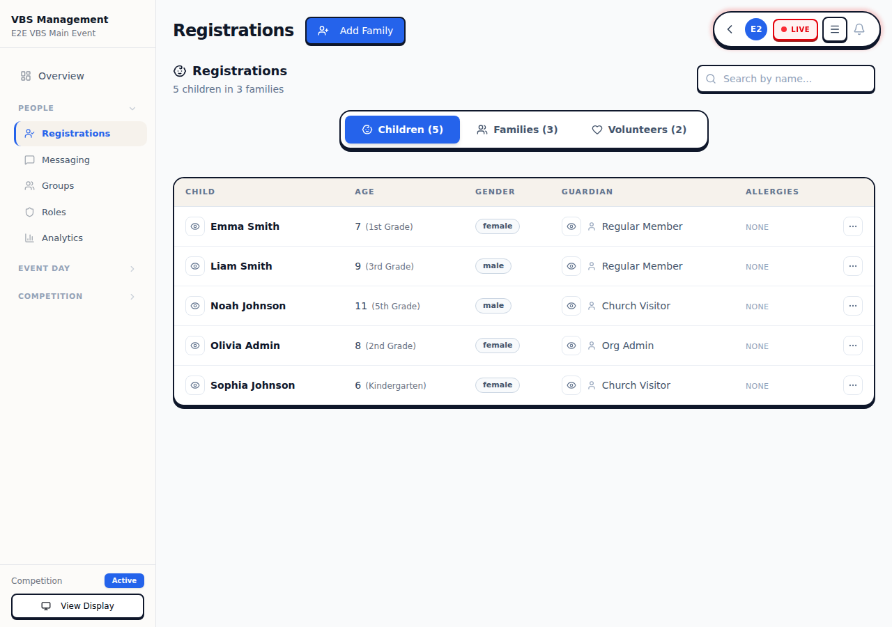 VBS Registrations tab showing the Children list