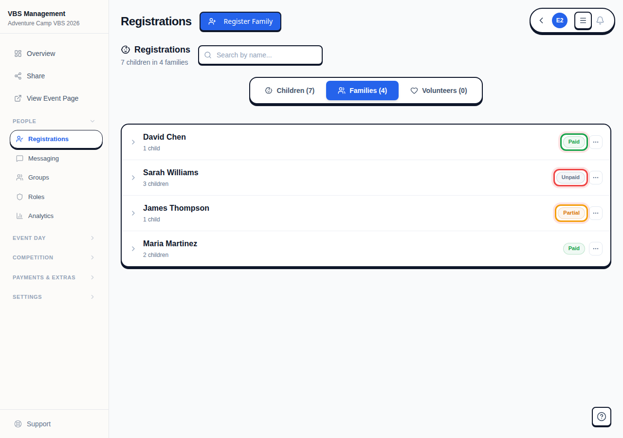 Registration list showing families with different payment statuses — Paid, Partial, and Unpaid