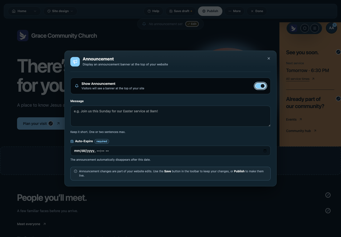 Announcement editor with Show Announcement enabled and Message and Auto-Expire fields visible