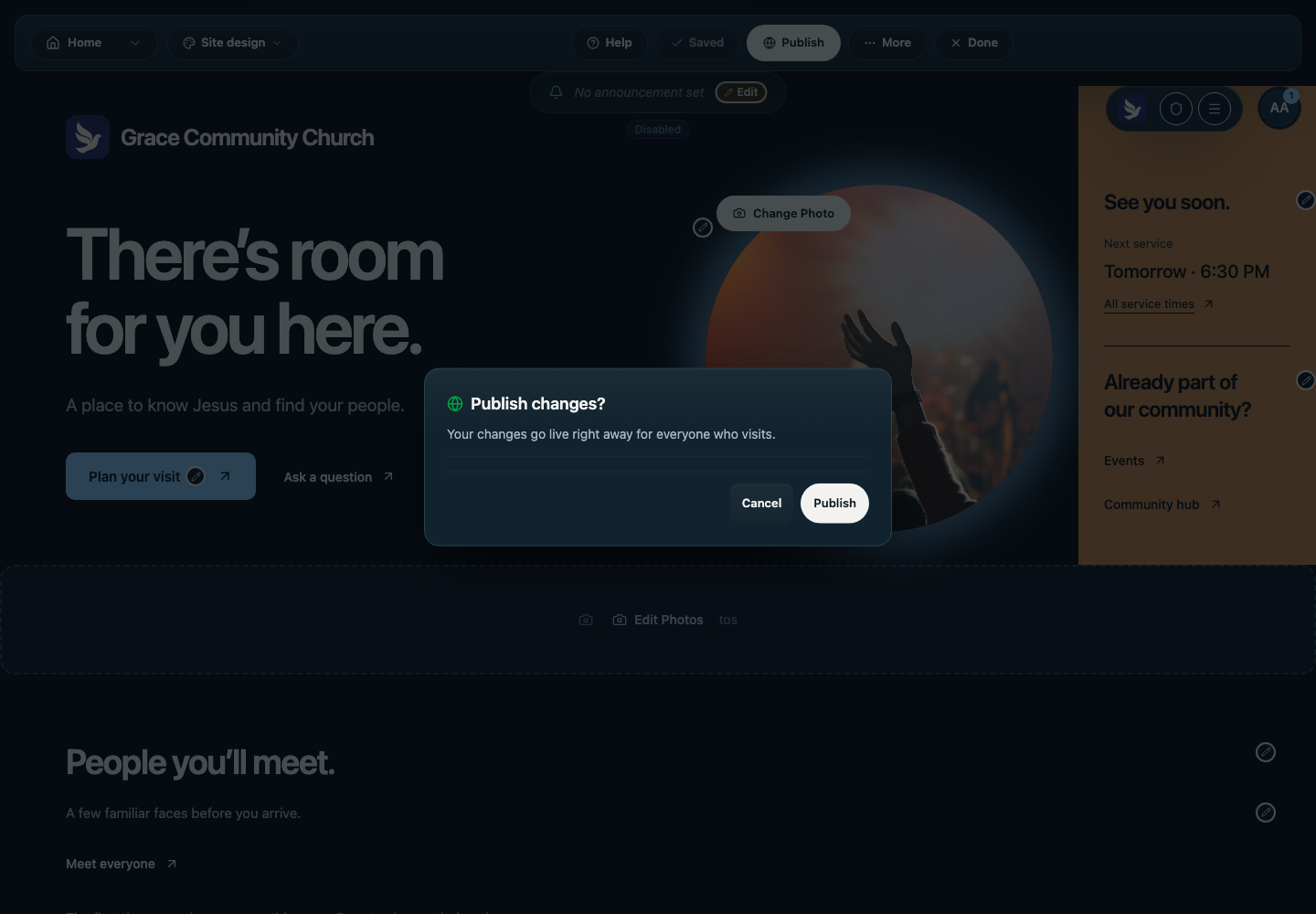 Publish changes confirmation explaining that visitors will see the changes right away